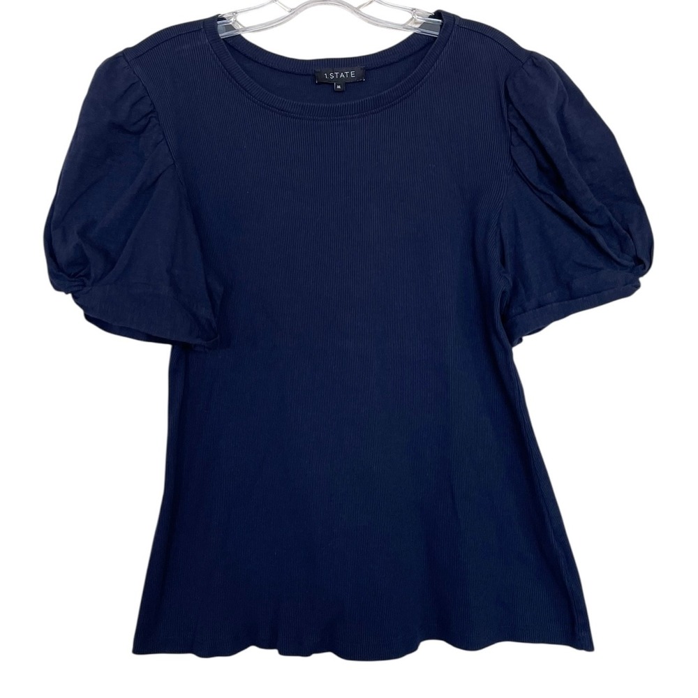 1.STATE Navy Blue Ribbed Knit Puff Sleeve Top Crew Neck‎ Size XL Ribbed